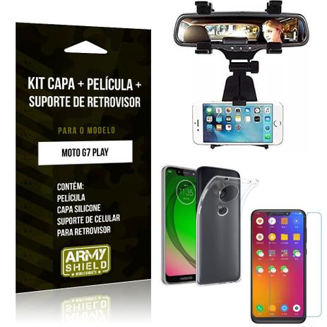 Kit Suporte Retrovisor Motorola Moto G7 Play Suporte + Capa + Película de Vidro - Armyshield Menor preço em Kit Suporte Retrovisor Motorola Moto G7 Play Suporte + Capa + Película de Vidro - Armyshield