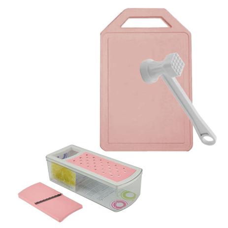Kit Tabua Martelo Ralador Fatiador de Cozinha Rosa 3 peças - Simonaggio Menor preço em Kit Tabua Martelo Ralador Fatiador de Cozinha Rosa 3 peças - Simonaggio