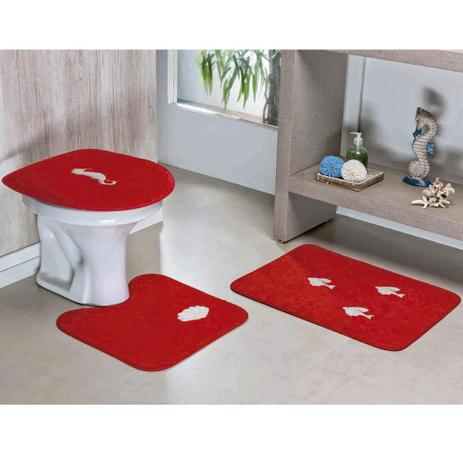 Kit Tapetes Banheiro Pelúcia Fundo Do Mar Antiderrapante 3 Peças - Vermelho - Guga tapetes é boa?