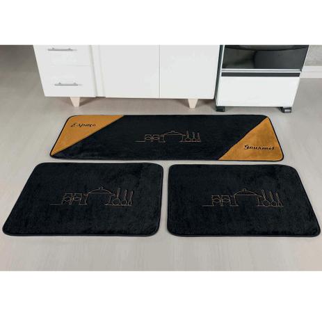 Kit Tapetes de Cozinha Bordado Antiderrapante Gourmet 3 Peças - Preto - Guga tapetes Menor preço em Kit Tapetes de Cozinha Bordado Antiderrapante Gourmet 3 Peças - Preto - Guga tapetes