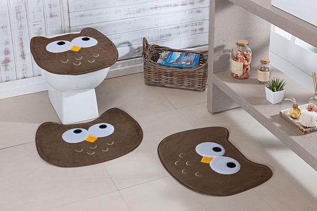 Kit Tapetes Pelúcia Banheiro Bordado Coruja Corujinha 3 Peças - Castor - Guga tapetes Menor preço em Kit Tapetes Pelúcia Banheiro Bordado Coruja Corujinha 3 Peças - Castor - Guga tapetes