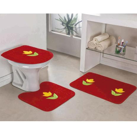 Kit Tapetes Pelúcia Banheiro Bordado Tulipa Antiderrapante 3 Peças - Vermelho - Guga tapetes Menor preço em Kit Tapetes Pelúcia Banheiro Bordado Tulipa Antiderrapante 3 Peças - Vermelho - Guga tapetes