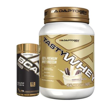 Kit Tasty Whey 2 LBS Cookies + Bcaa 90 Caps - Adaptogen Menor preço em Kit Tasty Whey 2 LBS Cookies + Bcaa 90 Caps - Adaptogen