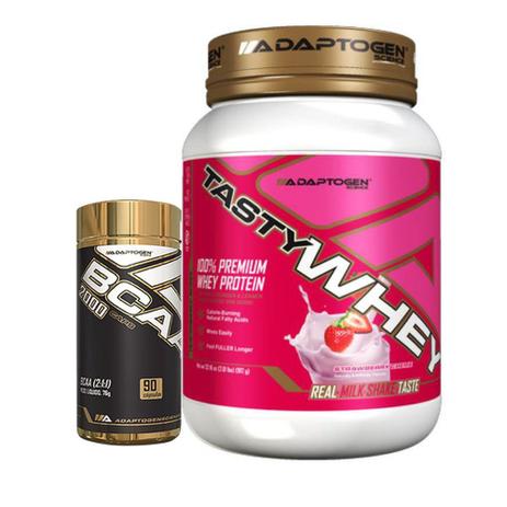 Kit Tasty Whey 2 LBS Strawberry + Bcaa 90 Caps - Adaptogen Menor preço em Kit Tasty Whey 2 LBS Strawberry + Bcaa 90 Caps - Adaptogen