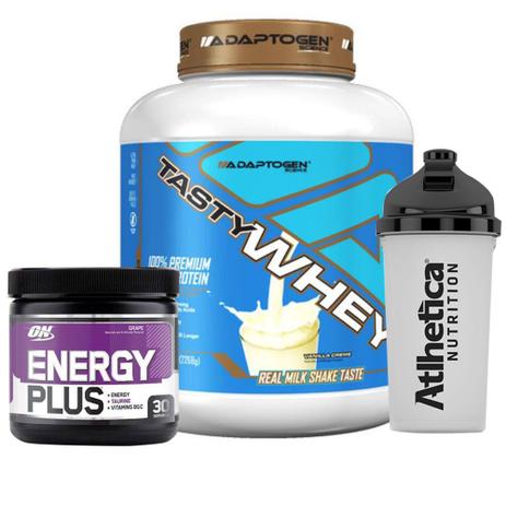 Kit Tasty Whey 5LB Vanilla + Energy Plus Grape + Bottle - K-fit Menor preço em Kit Tasty Whey 5LB Vanilla + Energy Plus Grape + Bottle - K-fit