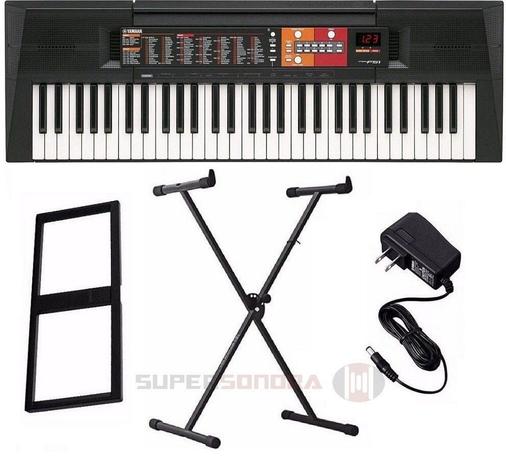Kit Teclado Arranjador YAMAHA PSR-F51 Preto 61 Teclas + Suporte X + Fonte + Suporte Partitura Menor preço em Kit Teclado Arranjador YAMAHA PSR-F51 Preto 61 Teclas + Suporte X + Fonte + Suporte Partitura