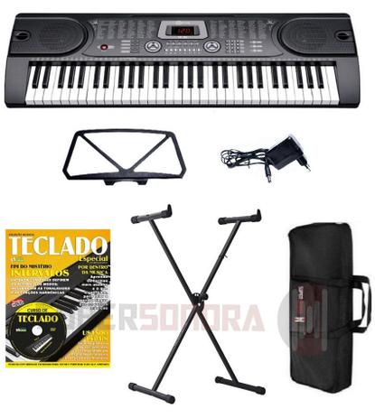 Kit Teclado Musical Spring TC-161 - 61 Teclas + Suporte em X + Livro de Música c/ DVD + Capa + Fonte / 220V Menor preço em Kit Teclado Musical Spring TC-161 - 61 Teclas + Suporte em X + Livro de Música c/ DVD + Capa + Fonte / 220V