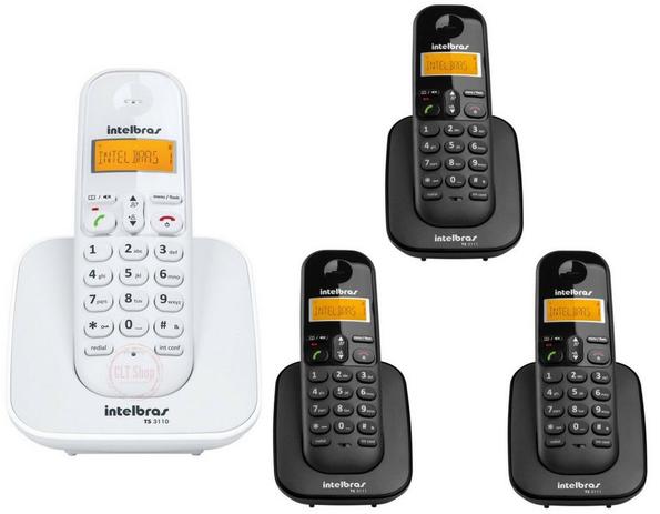 Kit Telefone S/ Fio Ts 3110 Branco + 3 Ramal Preto intelbras Menor preço em Kit Telefone S/ Fio Ts 3110 Branco + 3 Ramal Preto intelbras