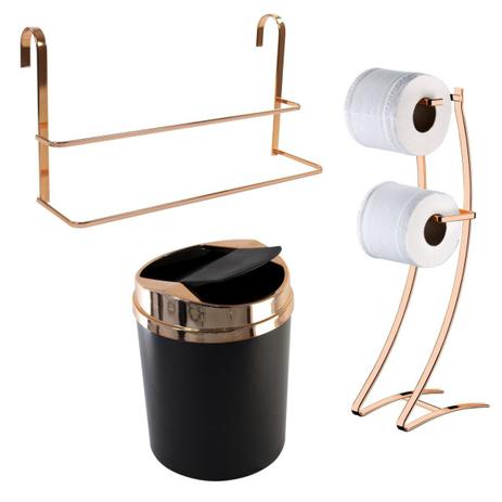 Kit Toalheiro Box Duplo Papeleira Chão e Lixeira 5L Rosé Gold - Wp connect Menor preço em Kit Toalheiro Box Duplo Papeleira Chão e Lixeira 5L Rosé Gold - Wp connect