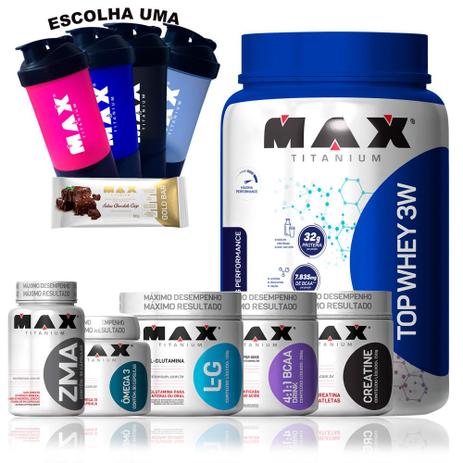 Kit Top Ganho de Massa Muscular Whey + Bcaa + Creatina + Glu - Max tianium Menor preço em Kit Top Ganho de Massa Muscular Whey + Bcaa + Creatina + Glu - Max tianium