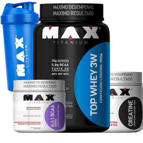 Kit Top Whey 3w 900g + 4:1:1 Bcaa Drink 280g - Max Titanium Menor preço em Kit Top Whey 3w 900g + 4:1:1 Bcaa Drink 280g - Max Titanium