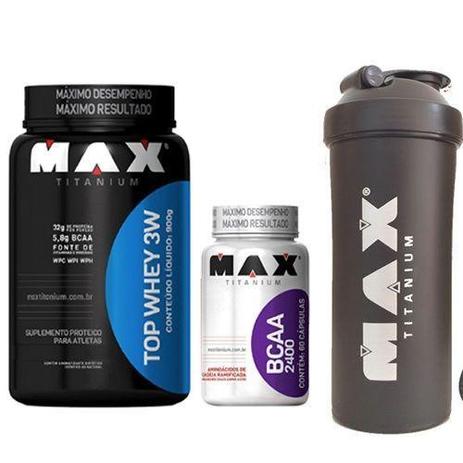 Kit Top Whey 3W - 900g Chocolate + BCAA 2400 - 60 Cáps + Coqueteleira - Max Titanium Menor preço em Kit Top Whey 3W - 900g Chocolate + BCAA 2400 - 60 Cáps + Coqueteleira - Max Titanium