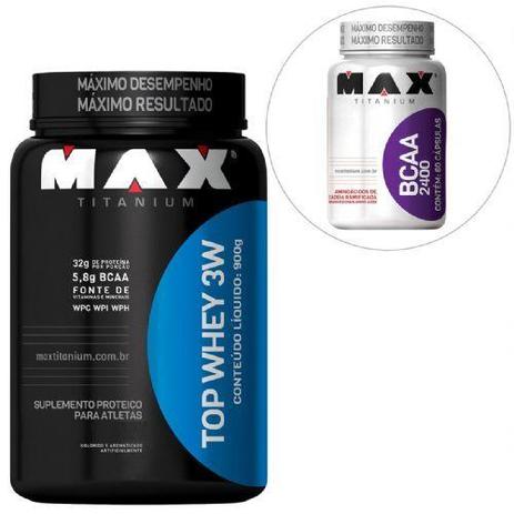 Kit Top Whey 3W - 900g Chocolate + BCAA 2400 - 60 Cáps - Max Titanium Menor preço em Kit Top Whey 3W - 900g Chocolate + BCAA 2400 - 60 Cáps - Max Titanium