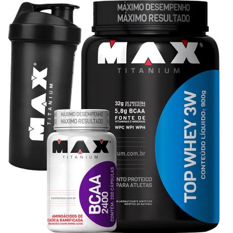 Kit Top Whey 3w + Bcaa 2400 - 200 Cápsulas - Max titanium Menor preço em Kit Top Whey 3w + Bcaa 2400 - 200 Cápsulas - Max titanium