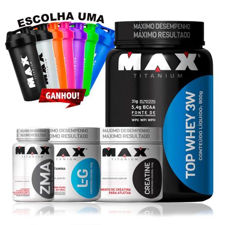 Kit Top Whey 3w + Craetina + Glutamina + Zma + Coqueteleira - Max titanium Menor preço em Kit Top Whey 3w + Craetina + Glutamina + Zma + Coqueteleira - Max titanium