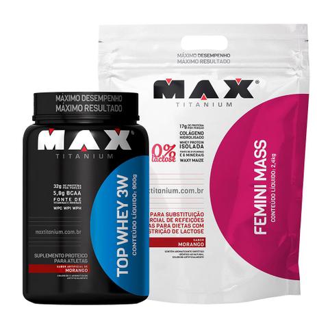 Kit Top Whey 3w + Femini mass 2,4 kg - Max Titanium Menor preço em Kit Top Whey 3w + Femini mass 2,4 kg - Max Titanium