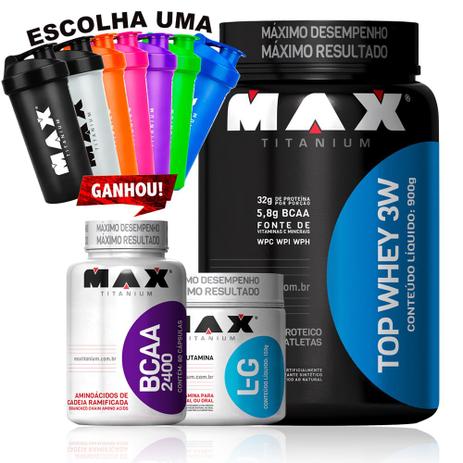 Kit Top Whey 3w + Glutamina + Bcaa + Coq - ax Titanium - Max titanium Menor preço em Kit Top Whey 3w + Glutamina + Bcaa + Coq - ax Titanium - Max titanium