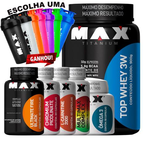 Kit Top Whey 3w Omega 3 Multimax L Carnetine Fire Black - Max titanium Menor preço em Kit Top Whey 3w Omega 3 Multimax L Carnetine Fire Black - Max titanium