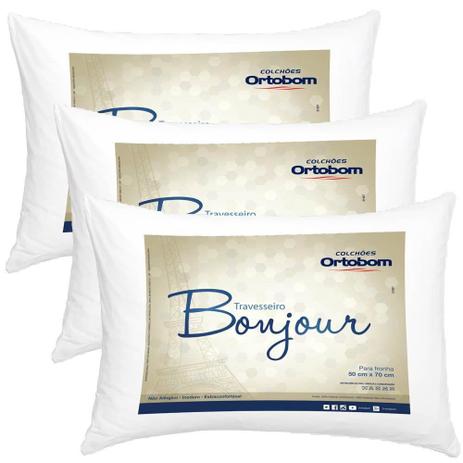 Kit Travesseiros 03 Peças Bonjour Fibra Siliconizada em Microfibra 70cm x 50cm - Ortobom Menor preço em Kit Travesseiros 03 Peças Bonjour Fibra Siliconizada em Microfibra 70cm x 50cm - Ortobom