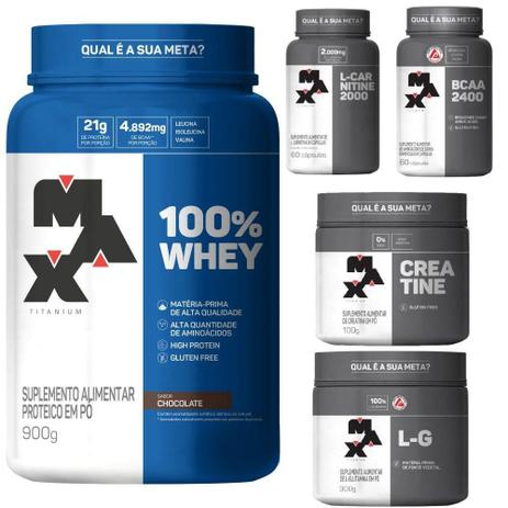 KIT TREINO COMPLETO: 100% Whey + BCAA + Creatina + Glutamina + L-Carnitina - Max Titanium Menor preço em KIT TREINO COMPLETO: 100% Whey + BCAA + Creatina + Glutamina + L-Carnitina - Max Titanium