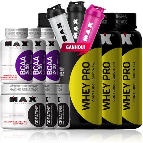 Kit Triplo Max Titanium Whey Proten Creatina Bcaa 3x Coquete Menor preço em Kit Triplo Max Titanium Whey Proten Creatina Bcaa 3x Coquete