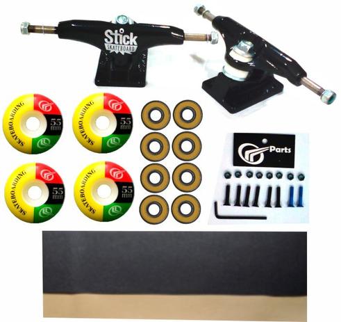 Kit Truck Skate 129mm + Rodas 55+ Rolamento Abec 13 + Lixa Emborrachada + Parafusos - Stick/parts/sol Menor preço em Kit Truck Skate 129mm + Rodas 55+ Rolamento Abec 13 + Lixa Emborrachada + Parafusos - Stick/parts/sol