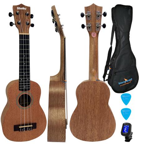 Kit Ukulele Soprano Acústico SU21M STNT Natural Fosco Shelby Completo Menor preço em Kit Ukulele Soprano Acústico SU21M STNT Natural Fosco Shelby Completo