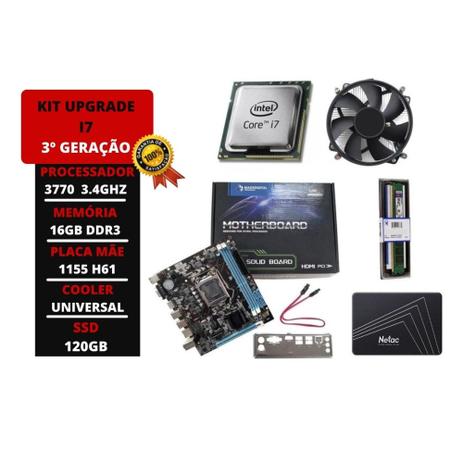 Kit upgrade I7 memoria 16gb ddr3 placa mae 1155 h61 cooler universal ssd 120gb - INTEL Menor preço em Kit upgrade I7 memoria 16gb ddr3 placa mae 1155 h61 cooler universal ssd 120gb - INTEL