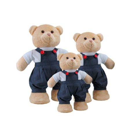 Kit Ursos 3 Peças Soft Pequeno, Médio e Grande em Pé Jardineira Jeans Botão Vermelho - Mury baby Menor preço em Kit Ursos 3 Peças Soft Pequeno, Médio e Grande em Pé Jardineira Jeans Botão Vermelho - Mury baby