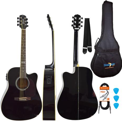 Menor preço em Kit Violão Eletroacústico Folk GF1D BK Preto Giannini Completo