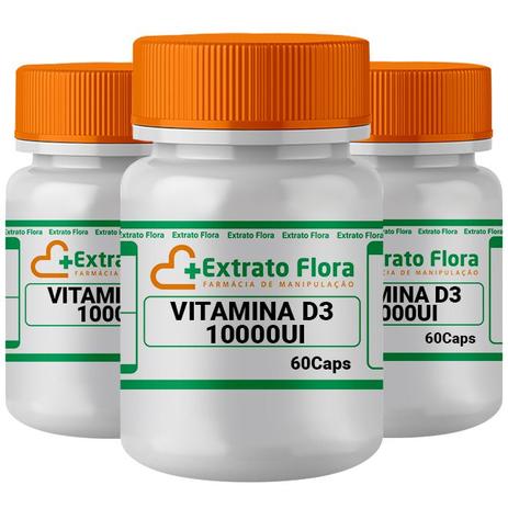 Kit Vitamina D3 10.000UI 60 Cápsulas (3 unidades) - Extrato flora Menor preço em Kit Vitamina D3 10.000UI 60 Cápsulas (3 unidades) - Extrato flora