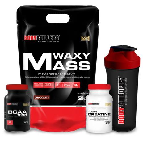 Kit Waxy Mass 3kg Chocolate + BCAA 800 120 Tabletes + 100 Creatine 100g + Coqueteleira Bodybuilders Menor preço em Kit Waxy Mass 3kg Chocolate + BCAA 800 120 Tabletes + 100 Creatine 100g + Coqueteleira Bodybuilders