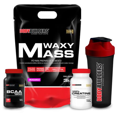 Kit Waxy Mass 3kg Morango + BCAA 800 120 Tabletes + 100 Creatine 100g + Coqueteleira Bodybuilders Menor preço em Kit Waxy Mass 3kg Morango + BCAA 800 120 Tabletes + 100 Creatine 100g + Coqueteleira Bodybuilders