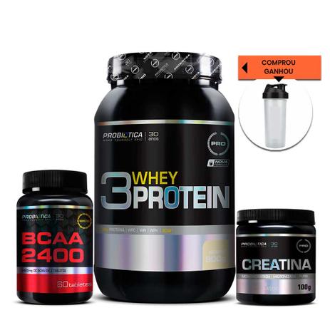 Kit Whey 3w + BCAA 2400 + Creatina + Coqueteleira Probiotica - Probiótica Menor preço em Kit Whey 3w + BCAA 2400 + Creatina + Coqueteleira Probiotica - Probiótica