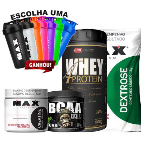 Kit Whey 4 Protein + Bcaa + Dextrose + creatina + coquet. - Max titanium Menor preço em Kit Whey 4 Protein + Bcaa + Dextrose + creatina + coquet. - Max titanium