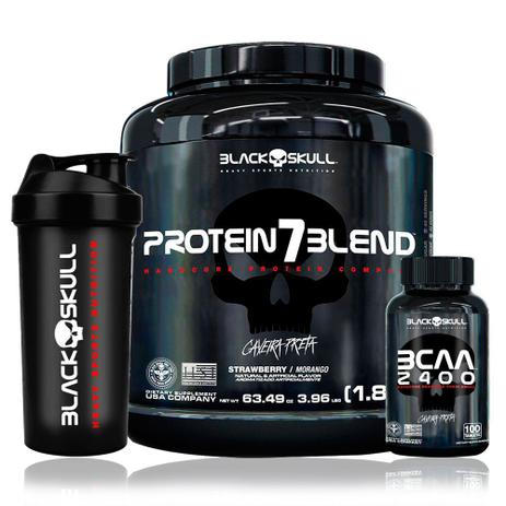 Kit Whey 7 Blend 1,8g + Bcaa 100 cáps + Coqueteleira - Black skull Menor preço em Kit Whey 7 Blend 1,8g + Bcaa 100 cáps + Coqueteleira - Black skull
