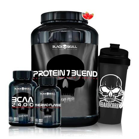 Kit Whey 7 Blend + Bcaa 2400 + Thermo Flame + Coq - Black Skull Menor preço em Kit Whey 7 Blend + Bcaa 2400 + Thermo Flame + Coq - Black Skull