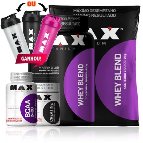 Kit Whey Blend 2kg 900g Creatina Bcaa Coq - Max Titanium Menor preço em Kit Whey Blend 2kg 900g Creatina Bcaa Coq - Max Titanium