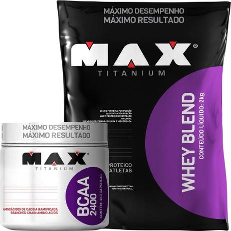 Kit Whey Blend 2kg + Bcaa 450 Cps - Max Titanium Menor preço em Kit Whey Blend 2kg + Bcaa 450 Cps - Max Titanium