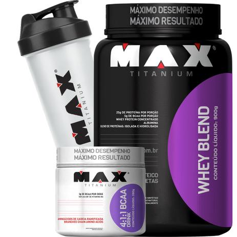 Kit Whey Blend 900g + 4:1:1 Bcaa Drink 280g + Max Titanium Menor preço em Kit Whey Blend 900g + 4:1:1 Bcaa Drink 280g + Max Titanium