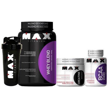 Kit Whey Blend - 900g Choco + Creatine 150g + Bcaa 100 Cáps + Coqueteleira - Max Titanium Menor preço em Kit Whey Blend - 900g Choco + Creatine 150g + Bcaa 100 Cáps + Coqueteleira - Max Titanium