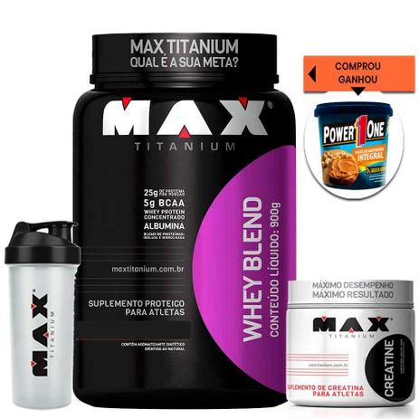 Kit Whey Blend 900g + Creatina 100g + Coqueteleira Max Titanium + Pasta De A Menor preço em Kit Whey Blend 900g + Creatina 100g + Coqueteleira Max Titanium + Pasta De A