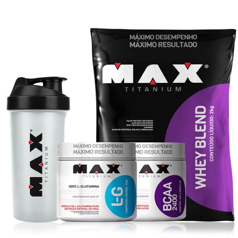 Kit Whey Blend + Glutamina 150g + Bcaa 450 Cápsulas - Max - Max titanium Menor preço em Kit Whey Blend + Glutamina 150g + Bcaa 450 Cápsulas - Max - Max titanium
