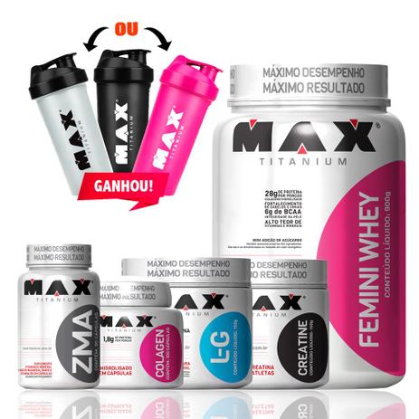 Kit Whey Femini + Bcaa + Zma + Creatine + Colagen + Coq - Max titanium Menor preço em Kit Whey Femini + Bcaa + Zma + Creatine + Colagen + Coq - Max titanium