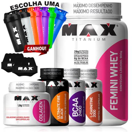 Kit Whey Femini L Carnetine Bcaa + Fire Black + Colageno Max - Max titanium Menor preço em Kit Whey Femini L Carnetine Bcaa + Fire Black + Colageno Max - Max titanium