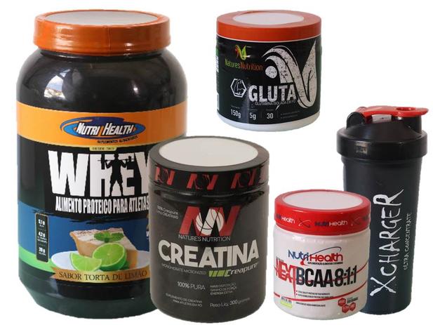 Kit Whey Health Super Crescimento Muscular - Whey Protein 900g + bcaa pó 300g + creatina 150g + glutamina 150g + coqueteleira - Nutrihealth suplementos Menor preço em Kit Whey Health Super Crescimento Muscular - Whey Protein 900g + bcaa pó 300g + creatina 150g + glutamina 150g + coqueteleira - Nutrihealth suplementos