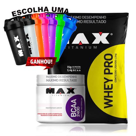 Kit Whey Pro 1,5kg + Bcaa 450 cáps + Coqueteleira - Max titanium Menor preço em Kit Whey Pro 1,5kg + Bcaa 450 cáps + Coqueteleira - Max titanium