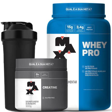Kit Whey Pro 1Kg + Creatina 300G + Coqueteleira Max Titanium Menor preço em Kit Whey Pro 1Kg + Creatina 300G + Coqueteleira Max Titanium
