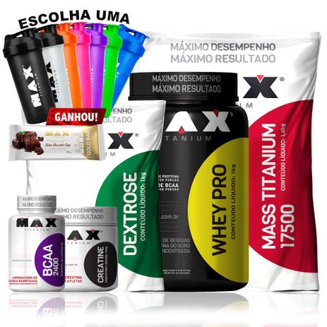 Kit Whey Pro 1kg + Mass 1,4kg + Creatina + Bcaa + Dextrose - Max tianium Menor preço em Kit Whey Pro 1kg + Mass 1,4kg + Creatina + Bcaa + Dextrose - Max tianium