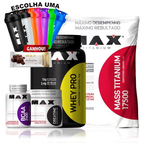 Kit Whey Pro 1kg + Mass 1,4kg + Creatina + Bcaa + Gold Bar - Max tianium Menor preço em Kit Whey Pro 1kg + Mass 1,4kg + Creatina + Bcaa + Gold Bar - Max tianium